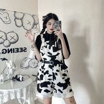 멜빵 바지 스트릿 합 프린트 여성 블랙 화이트 체크무늬 캐주얼 점프 슈트