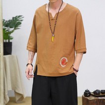 면마 반팔 티 남 루즈핏 스트라이프 상의 여름 에스닉 거사 다선 당복