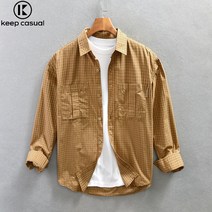 Keep Casual 남성용 작업복 격자 무늬 캐주얼 긴팔 셔츠