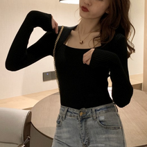 데이홀릭 여성용 가을 겨울 슬림골지 스퀘어넥 긴팔 니트티