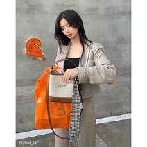 JABA3E648 베이지 가죽배색 캔버스 버킷백 S