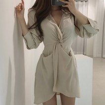 [랜덤플레이] 오픈카라 언발꼬임 웨딩 게스트룩 셔츠 원피스