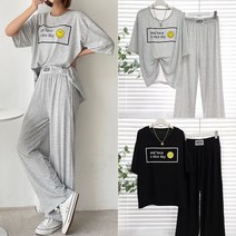 [이울]국내생산 봄 여름 여성 루즈핏 프린팅 레터링 순면 스마일 TR스판 반팔 트레이닝복 투피스 세트