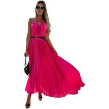 원피스 Summer Solid Color Female Pleated Dress Backless Woman Strap V-neck Maxi with Belt Long Loose Be