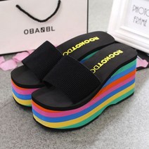 라오농 슈퍼 하이힐 드래그 여성 무지개 줄무늬 두꺼운9cm 바닥 샌들 케이크 슬로프 힐 비치 클립 피트 샌들 +11QTadX