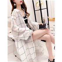 중년여성 롱 로브 가디건 롱 여름 트렌드 체크 셔츠 긴팔 에어컨 셔츠에 스커트 케이프