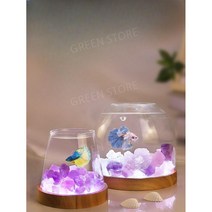 엔젤피쉬 어항 수조 물고기 키우기 구피 물고기키우기 아크릴 미니 금붕어키우기 수족관 작은 어항 사무실 바탕 화면 미니 유리 탱크 창조적 인 빛나는 크리스탈 스톤 베타 투명한 둥근, 사각 실린더 + 따뜻한 램프 베이스  안개 흰색 + 보