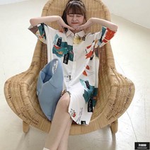 가바바 여성 셔츠원피스 예술적인 프린트가 멋진 캐주얼 카라넥 롱셔츠 롱원피스 G53978