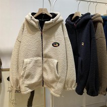 패스타임 겨울 뽀글이 후드 아우터 여성 와펜 레터링 자수 두꺼운 따뜻한 점퍼