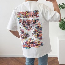 컬러풀 낙서 프린팅 오버핏 면 반팔 티셔츠 2color