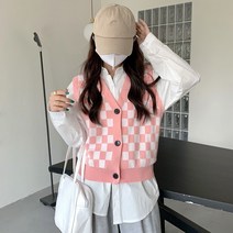 체커 보드 체크 무늬 스웨터 조끼 여성용 빈티지 프린트 니트 캐주얼 스트리트웨어 하