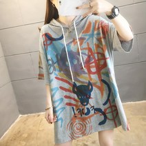Maidefei 하절 루즈핏 프린팅 여성용 반팔 후드티