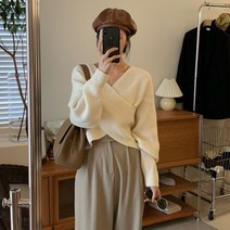 브이넥긴팔니트 프렌치 베이지칼라 디자인감각 교차 이너니트 이너티셔츠 일찍이 봄 배합 코트 스윗 이니트 4990797077