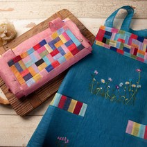 고급 모시 사각 조각보 꽃자수 어린이집 유치원 전통 한복 예쁜 원피스 앞치마, 주황색, 1개