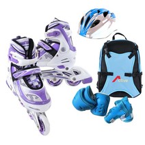 [인라인세트] 사이즈 조절형 아동용 발광바퀴 인라인 스케이트+헬멧+보호대+가방, 스마트 퍼플