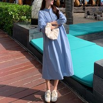 블링앤수 여성 헨리넥 단추 플레어 캐주얼 롱 원피스 KZZ637