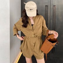 빅사이즈 린넨 점프수트 여름 캐주얼 반팔 반바지 허리밴딩 점프슈트 브라운