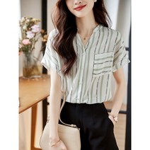 Yanda 스트라이프 셔츠 여름 여성 브이넥 스트라이프 반팔 블라우스