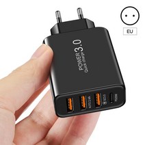 가성비 4포트 PD USB 충전기 QC3.0 20W 고속 휴대폰 스마트 벽 아이폰 12 11 샤오미 삼성 호환 C, 01 EU-Black