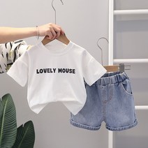 베베초롱 여아 여름 신상품 러블리 캐릭터 날개 라운드 반팔 데님 반바지 세트 여아 세트