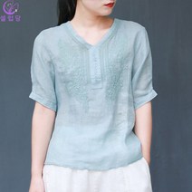 셀럽당 여성용 여름 린넨 브이넥 반팔 셔츠