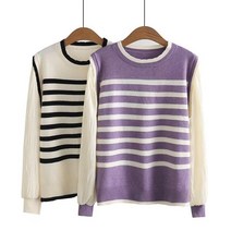XL-4XL 스트라이프 니트 블라우서 여성 캐주얼