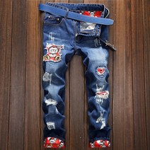 스판슬렉스패션 트렌드 뱃지 플라워 프린팅 대미지 데님입니다 바지남자 개성 스타일리쉬 슬림 와이드 루즈핏 2148203135