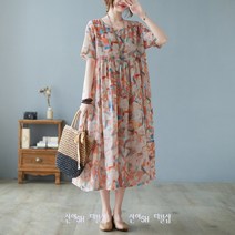 신이SH 더블샵 큰언니 빅사이즈 여름 프린팅 셔링주름 라운드넥 반팔 롱원피스