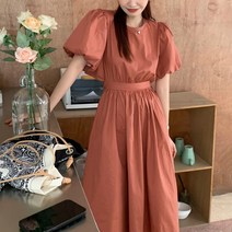 미미앤느 여성 라운드넥 벌룬 퍼프 프렌치 뒤트임 리본 여름 반팔 롱원피스 a2789