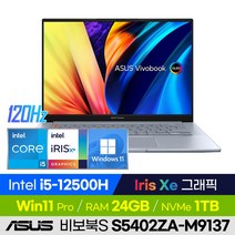 [백팩 증정!] ASUS 비보북 S 14X S5402ZA-M9137 가성비 고화질 사무용 업무용 학습용 휴대용 14인치 노트북 (코어i5-12500H/Iris Xe 그래픽), 윈도우 포함, 24GB, 1TB, 코어i5, 실버