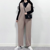 매일리룩 브이넥 주름 플리츠 스판 와이드 점프수트 팬츠