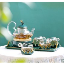 영국풍 로얄 골드 도자기 유리 티팟 티워머 세트, [그린]4컵+4받침+1포트+트레이포함개