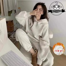 YAPOGI 2022신상 동계 곰돌이 자수 기모 루즈핏 후드 맨투맨 + 조거 팬츠 세트