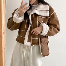 더핑크 / [더핑크] 파칭 오버핏 크롭 무스탕 + 파우치 가방 set