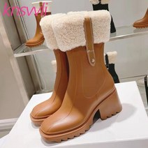 가벼운 키높이 성인 레인 부츠 runway square heels rain shoes women pvc square toe short boots woman spring high