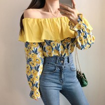 요시아나 [당일발송] 라붐 플라워 오프숄더 배색 러플 블라우스 -2컬러