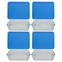 Pyrex 7212 유리 접시 4개 및 7212PC 마린 블루 뚜껑 4개 미국 제조