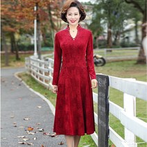 빅사이즈긴팔원피스 엄마 봄 가을 룩 소매 하프기장원피스 미드 노년 여성 브이넥 롱 무릎넘어 상의 2404195101