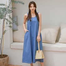여성 여름 롱 비치원피스 데님 멜빵 뷔스티에 나시 루즈핏 빅사이즈 휴양지 바캉스룩 비치웨어 HE062