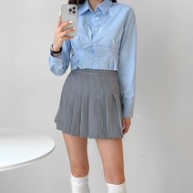 여성 더블 주름 허리핏 스판 카라 크롭셔츠