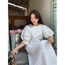 라운드넥 퍼프반팔 레이스 펀칭 프릴레이어드 루즈핏 롱 원피스