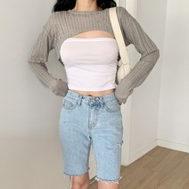 네쥬 여성 여름 크롭 레이어드 볼레로 얇은 긴팔 니트