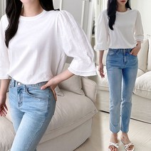[여시몰5837국내제작]7부 프릴 셔링 티블라우스/봄 여름 여성 레이스 기본 라운드티 데일리 청바지 반바지 스커트 코디