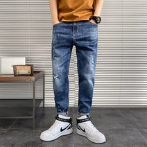 배기 청바지 2023 봄 여름 캐쥬얼 스키니 와이드 루즈핏 아메카지스타일 스판 대미지 9부 데님팬츠 남자 4994924618