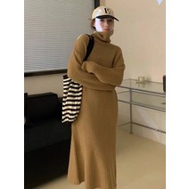롱니트원피스 봄과 겨울 더미 칼라 두꺼운 드레스 느슨한 세로 스트립 바닥 셔츠 스트레이트 무릎 길이 니트 스웨터 드레스의 한국어 버전 후드롱