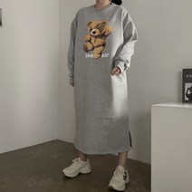 [비비애르] 기모 미니 베어 곰돌이 코튼 롱 원피스 쭈리 맨투맨 홈웨어 겨울 오버핏원피스