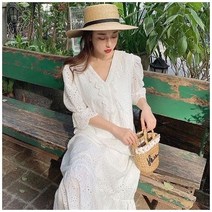 펀칭 브이넥 원피스 레이스 맥시 퍼프 소매 치마