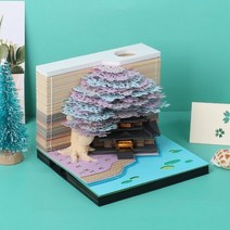 Omoshiroi 블록 트리 하우스 모델 메모장 3D 메모 패드 펜 홀더 선물 장식 아트 공예 컬렉션 파티용, CHINA, purple tree