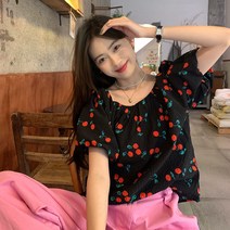 MOLLEY 여성 체리패턴 라운드넥 셔츠 블라우스 남방