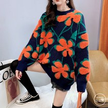 도오빠 여성 니트 스웨터 꽃무늬 니트티 라운드넥 긴팔 티셔츠 여자스웨터